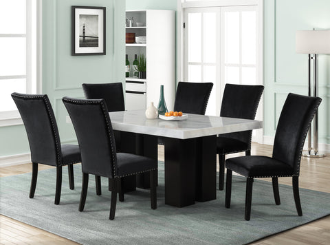 1220 Black faux marble dining table and six chair set